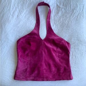 Vintage Cache Suede Leather Halter V Neck Bustier Corset Top Magenta Purple Pink